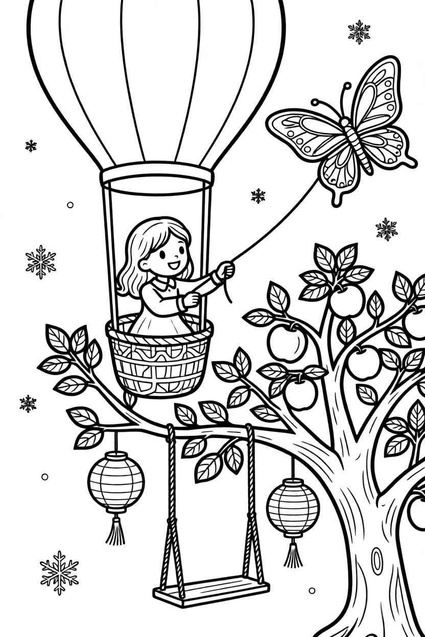 A girl riding in the basket of a hot air balloon is flying a colorful kite shaped like a butterfly in an orchard swing hanging from an old apple tree. Nearby, paper lanterns hanging from low branches and gently falling snowflakes complete the joyful scene.