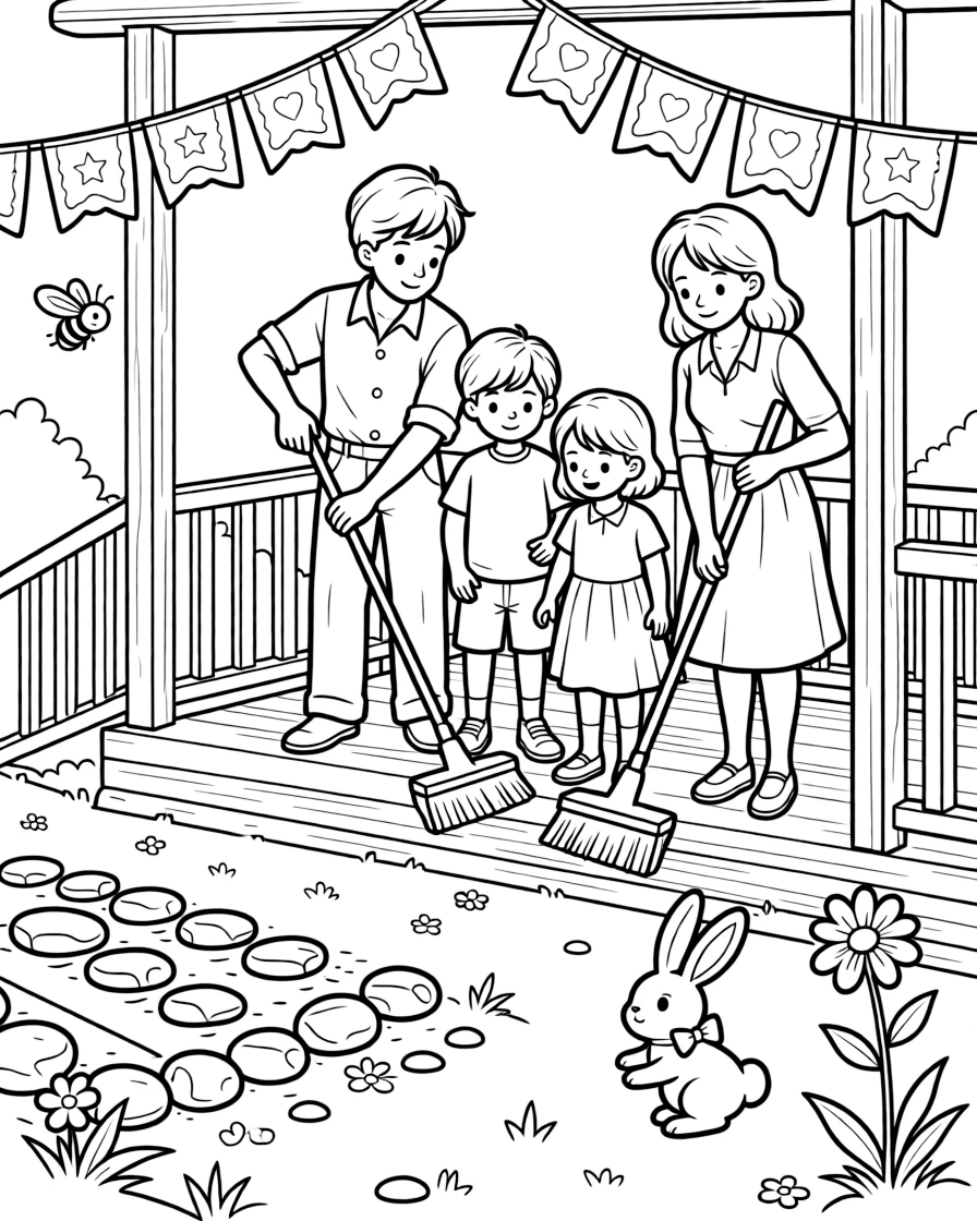 A family sweeping a hillside memorial together on a porch decorated with pastel banners, with a hopping bunny with a bow and a bee buzzing near a blossom nearby.