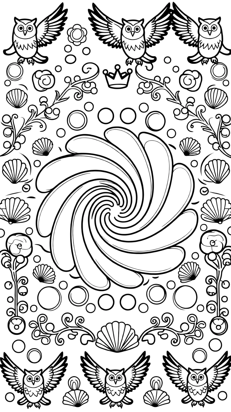 Arctic & Polar Animals: The page centers on a repeating motif of a snowy owl with wide feathered wings, built around a shell-spiral mandala coiling outward in smooth turns. The motif is shown marching in a repeating row all the way around the border of the page, framing an open medallion left blank in the center. Decorative details fill the surrounding space, including clusters of round bubbles, twisting berry-vine garlands, and overlapping scalloped shells woven throughout the background. A playful extra touch completes the page: a small crown resting just above the center of the design.