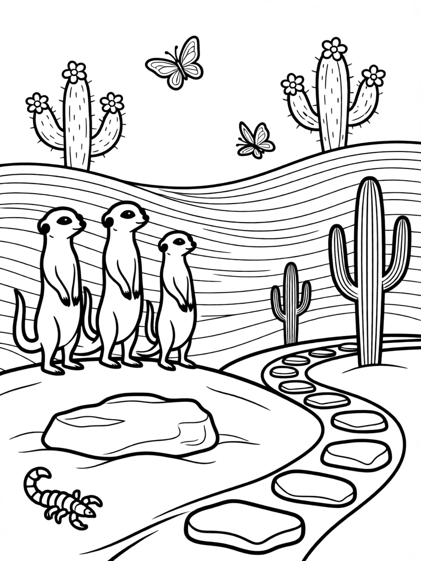 [Desert Dunes] A family of meerkats stands alert atop a sandy dune, watching the horizon together. A scorpion scuttles beneath a flat stone as butterflies drift over blooming cacti. Tall saguaro cacti stand like sentries near a winding path of smooth, sun-baked stones. A gentle wind shapes soft ripples across the dunes beneath a clear blue sky.