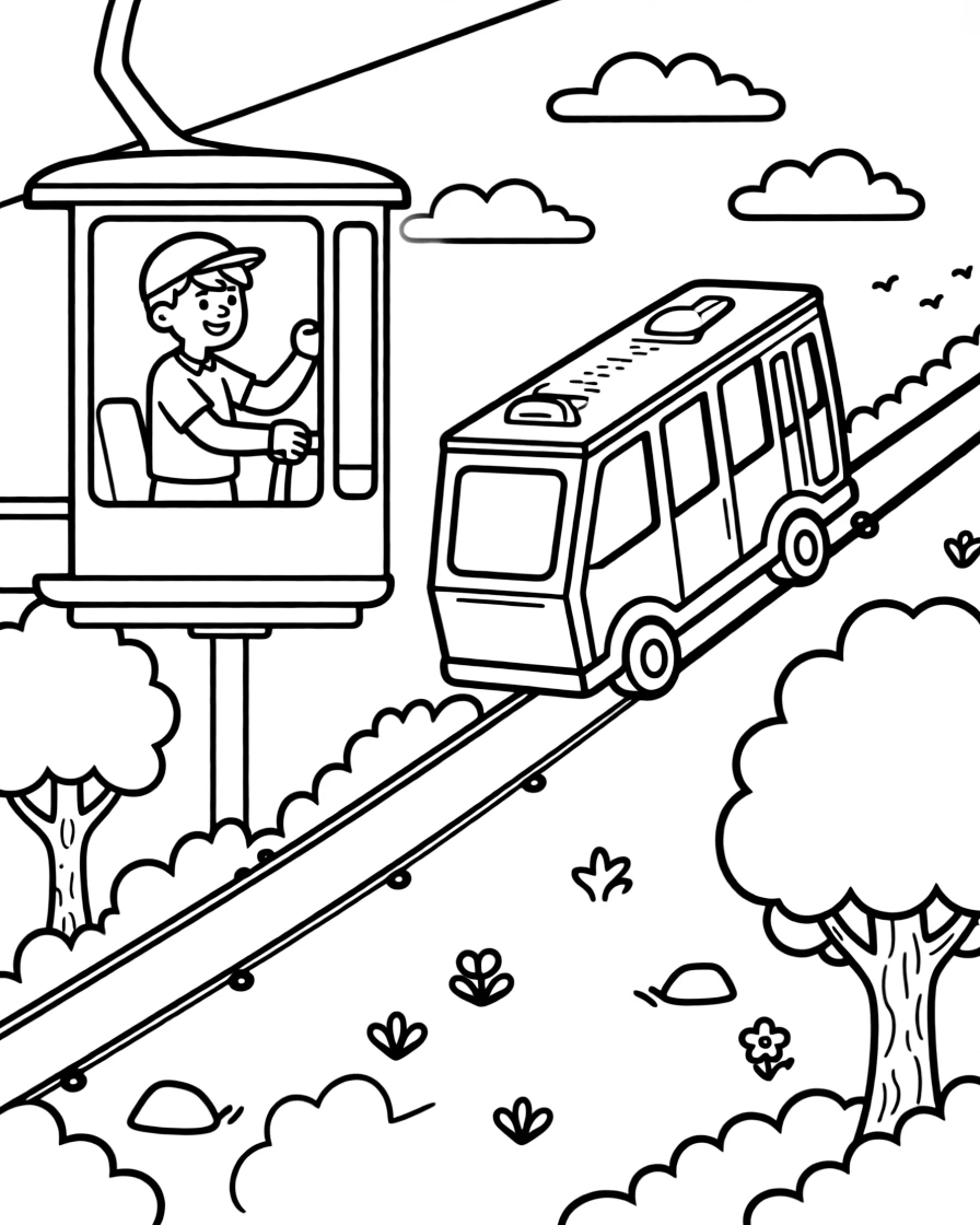 A cable car operator pulls levers to send a trolley climbing up a steep hill.