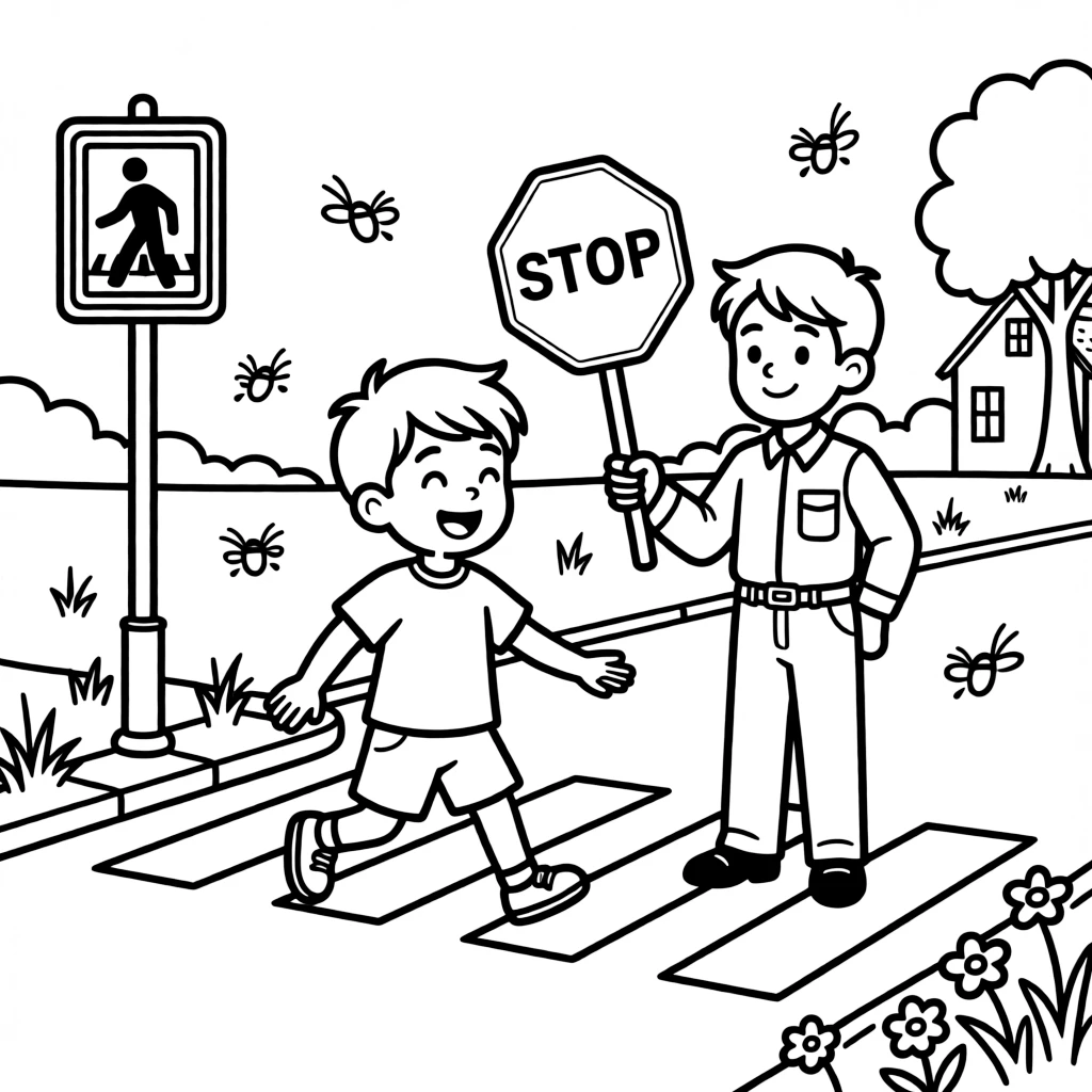 A giggling boy crossing the street safely with a crossing guard with fireflies glowing at dusk.