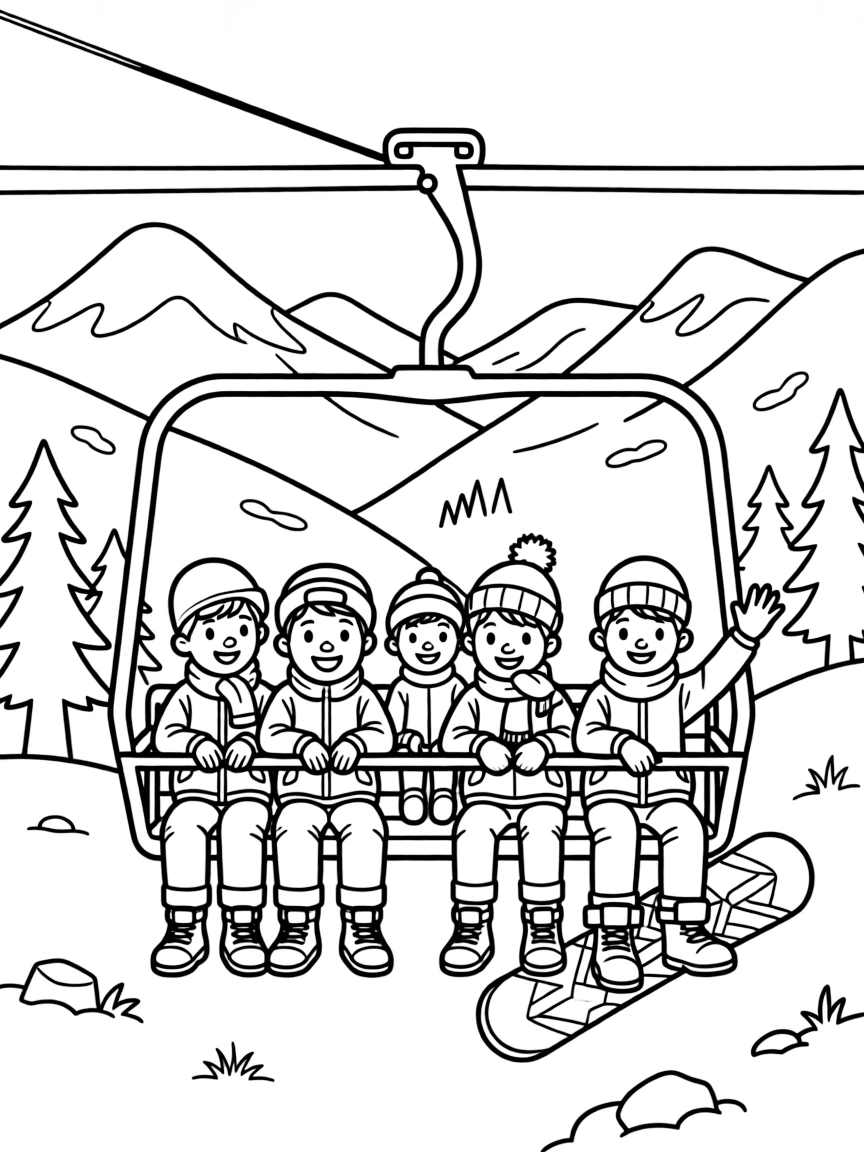 A team of neighborhood kids, riding a chairlift with a snowboard strapped to one boot, mountains behind.