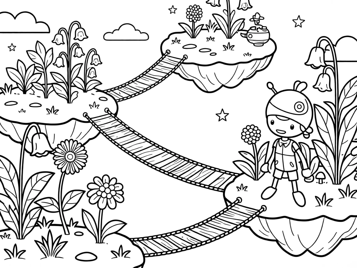 In a floating island chain connected by glowing rope bridges, Peeko, a tiny alien explorer riding a floating pod untangling a knot of vines that trapped a robot explorer, while a garden of oversized glowing flowers adds to the excitement.