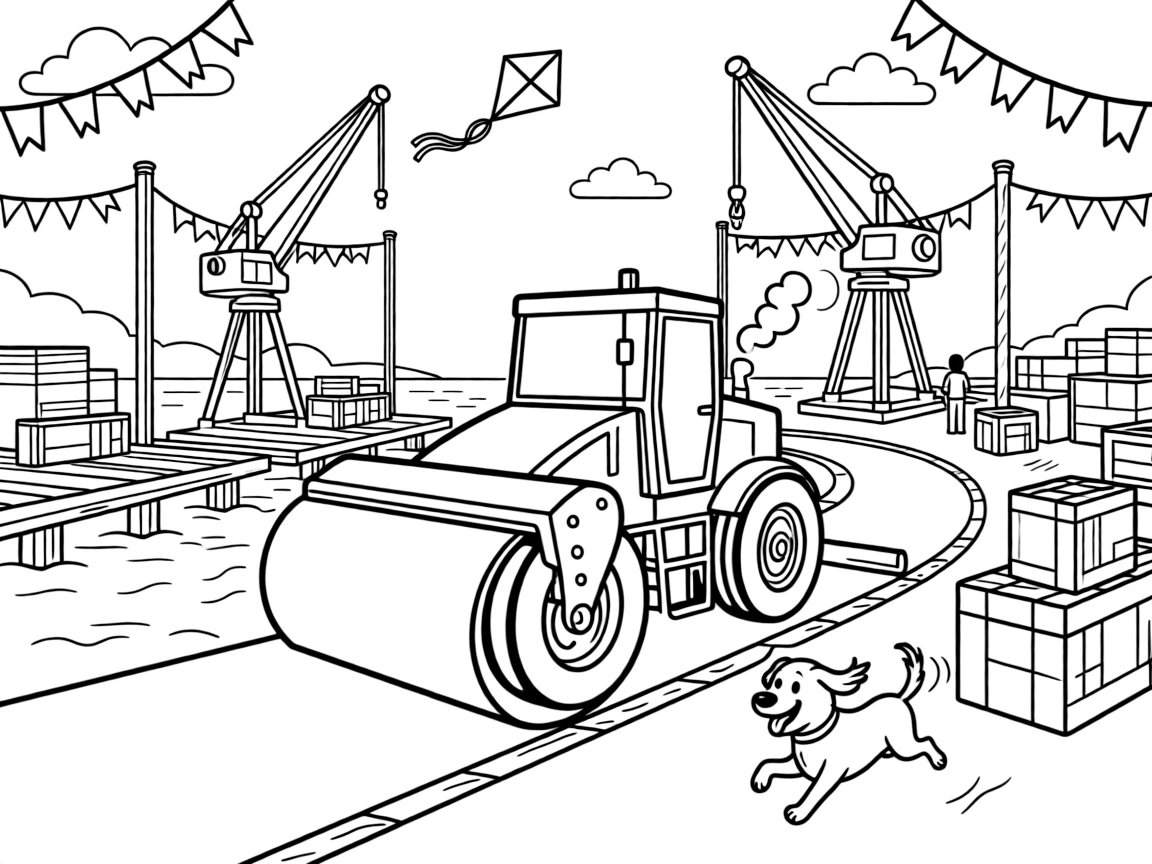 A coloring page featuring a road paver laying down a ribbon of smooth asphalt, traveling through a busy harbor lined with docks, cranes, and stacked crates, with a friendly dog with its ears flapping in the wind and colorful flags fluttering from every corner and a kite dancing in the breeze above filling the scene.