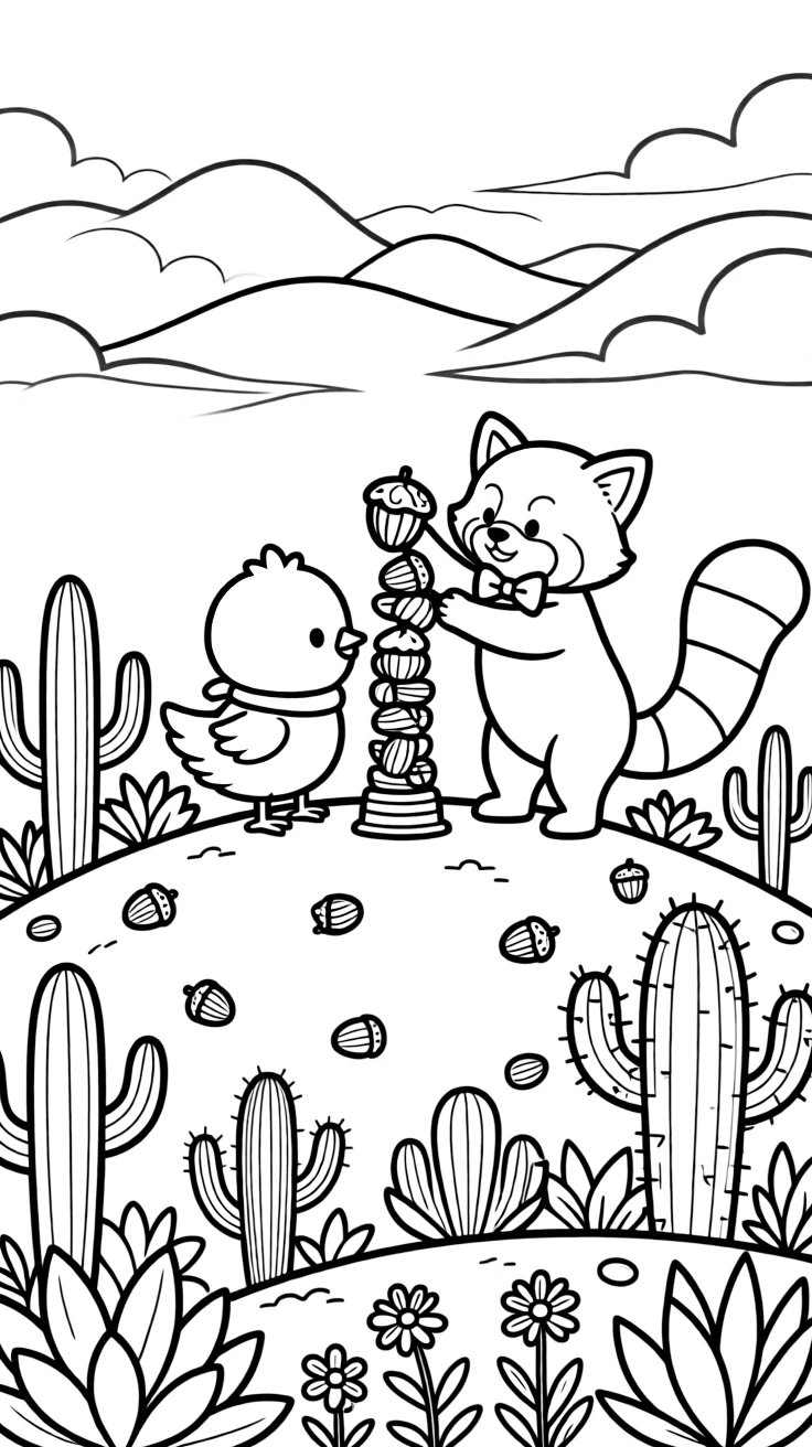 A chick at the top of a windy hill, stacking acorns into a tower with a red panda, next to a cactus garden, while morning fog rolls over the hills.