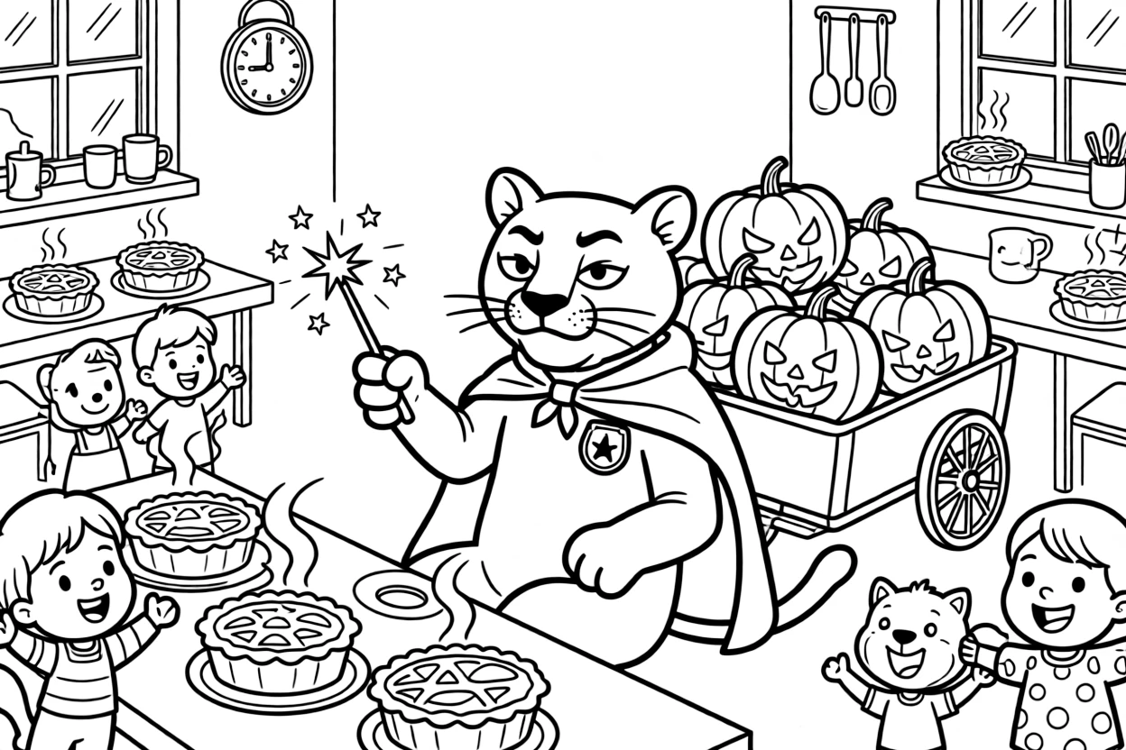 A grumpy-but-lovable panther night watch hero takes a break from adventures to try practicing magic tricks with a sparkly wand in a cozy kitchen filled with steaming pies, with a wagon overflowing with glowing pumpkins close behind. Warm smiles and happy cheers fill the scene.