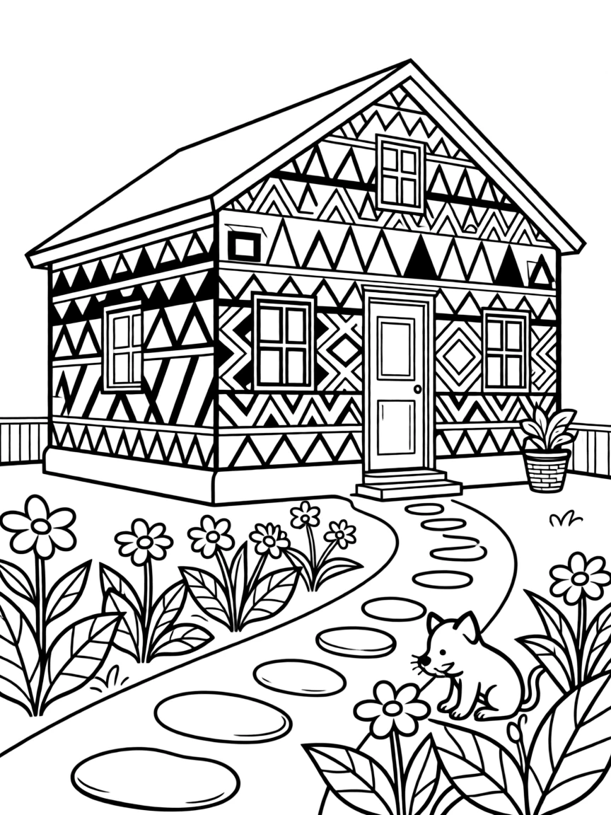 A coloring page of a charming home scene in South Africa showing a brightly painted Ndebele house with bold geometric patterns on the walls, with a garden path, a small pet, and flowers growing along the walls.