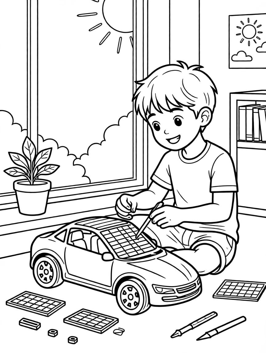 a bold young boy assembles a solar-powered toy car kit on a sunny windowsill.