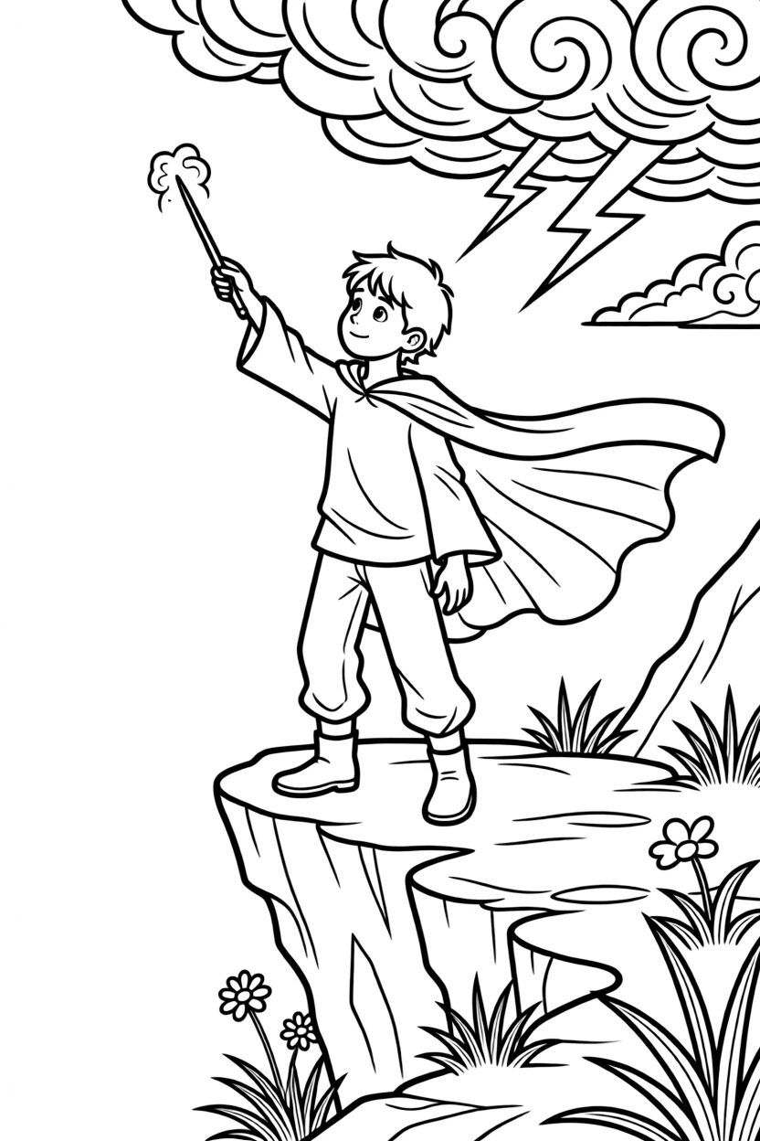 A young wizard's cloak flaps dramatically in the wind as he stands atop a cliff, wand raised toward a gathering storm.