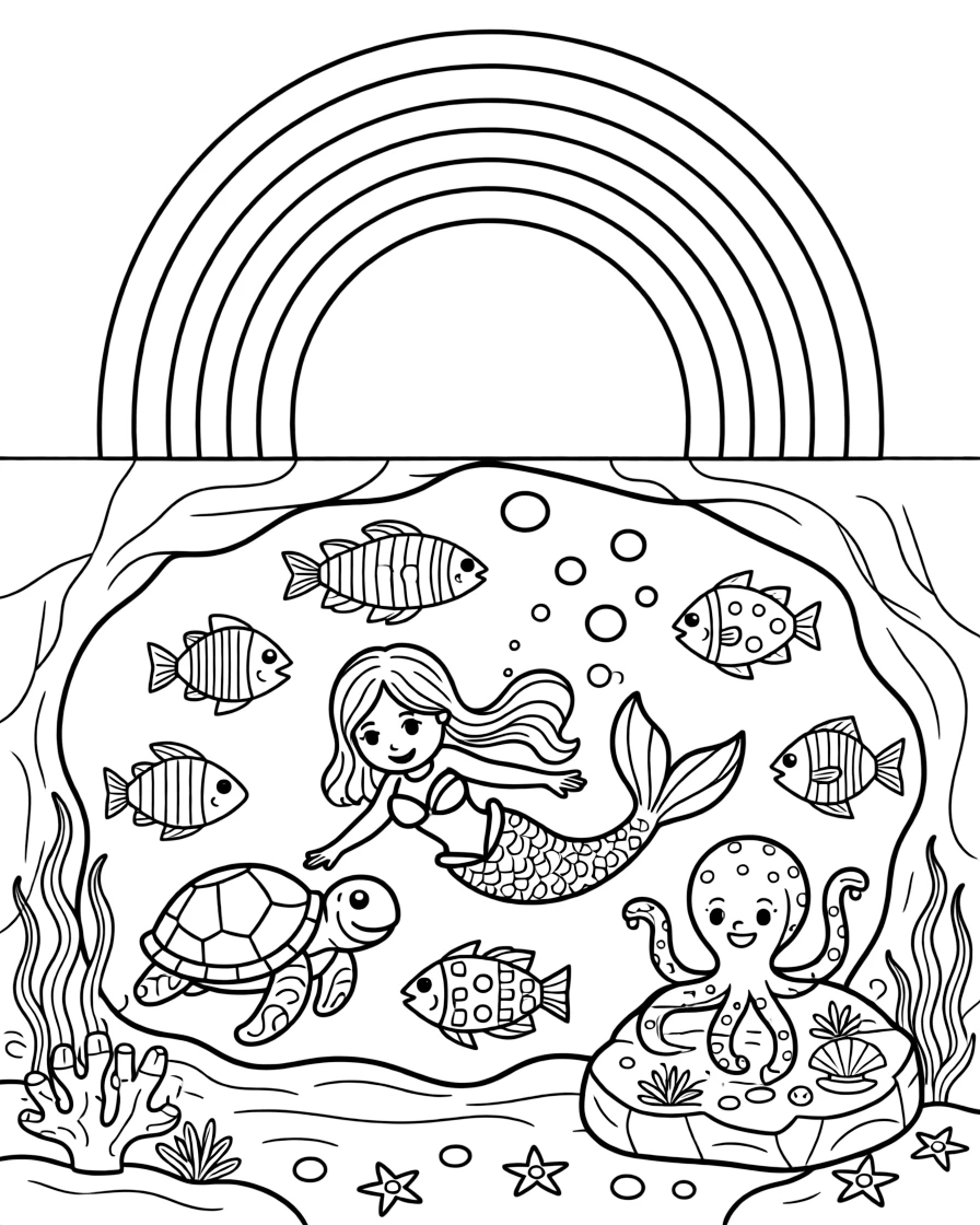 [Underwater Adventures] a mermaid swimming among the fish swimming alongside a friendly sea turtle inside an underwater cave, grinning with excitement, while a friendly octopus waves from a rock fills the surrounding area. Bubbles trail upward from the diver's gear. Set at sunrise, with a rainbow arching overhead, the page bursts with adventure and imagination.
