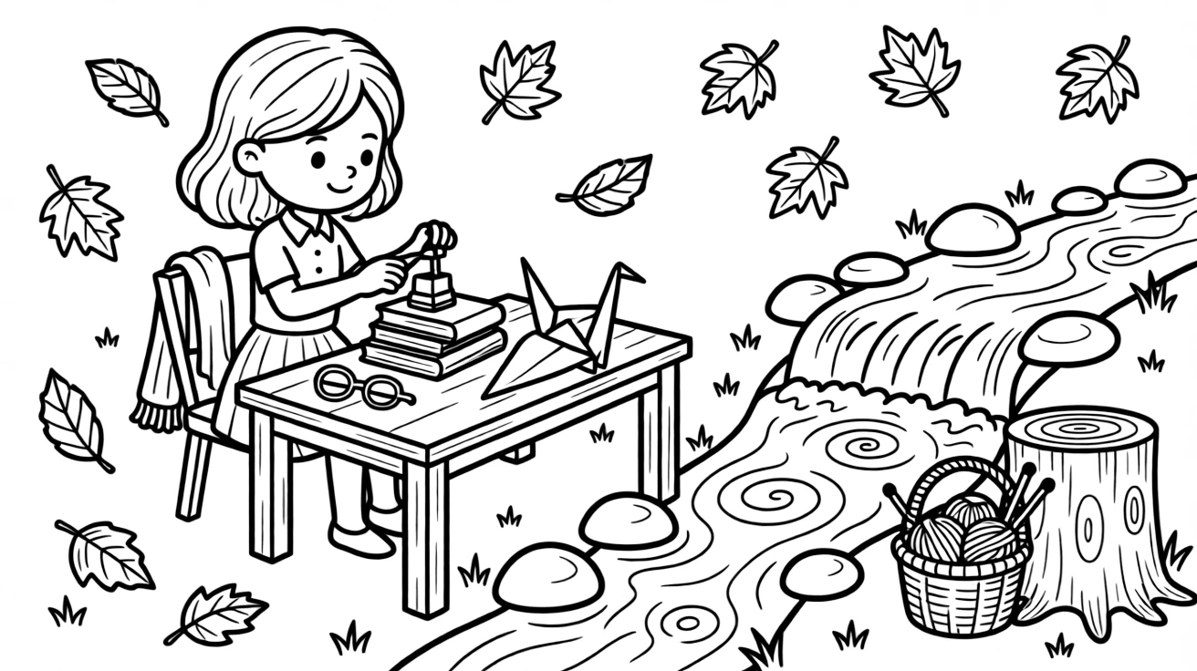A girl librarian stamping a stack of books is folding an origami crane beside a babbling brook lined with smooth stones. Scattered nearby, a basket of yarn and knitting needles nearby and swirling autumn leaves in every color bring the scene to life.