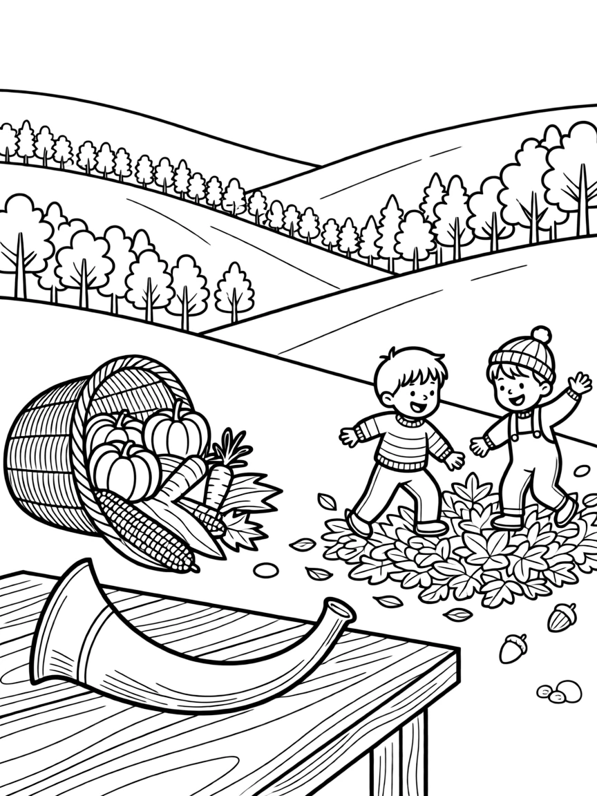 A curved ceremonial horn resting on a table on a hillside overlooking a valley of changing leaves, with a pair of giggling twins playing close by amid a pile of crunchy leaves ready for jumping and a cornucopia spilling over with vegetables.