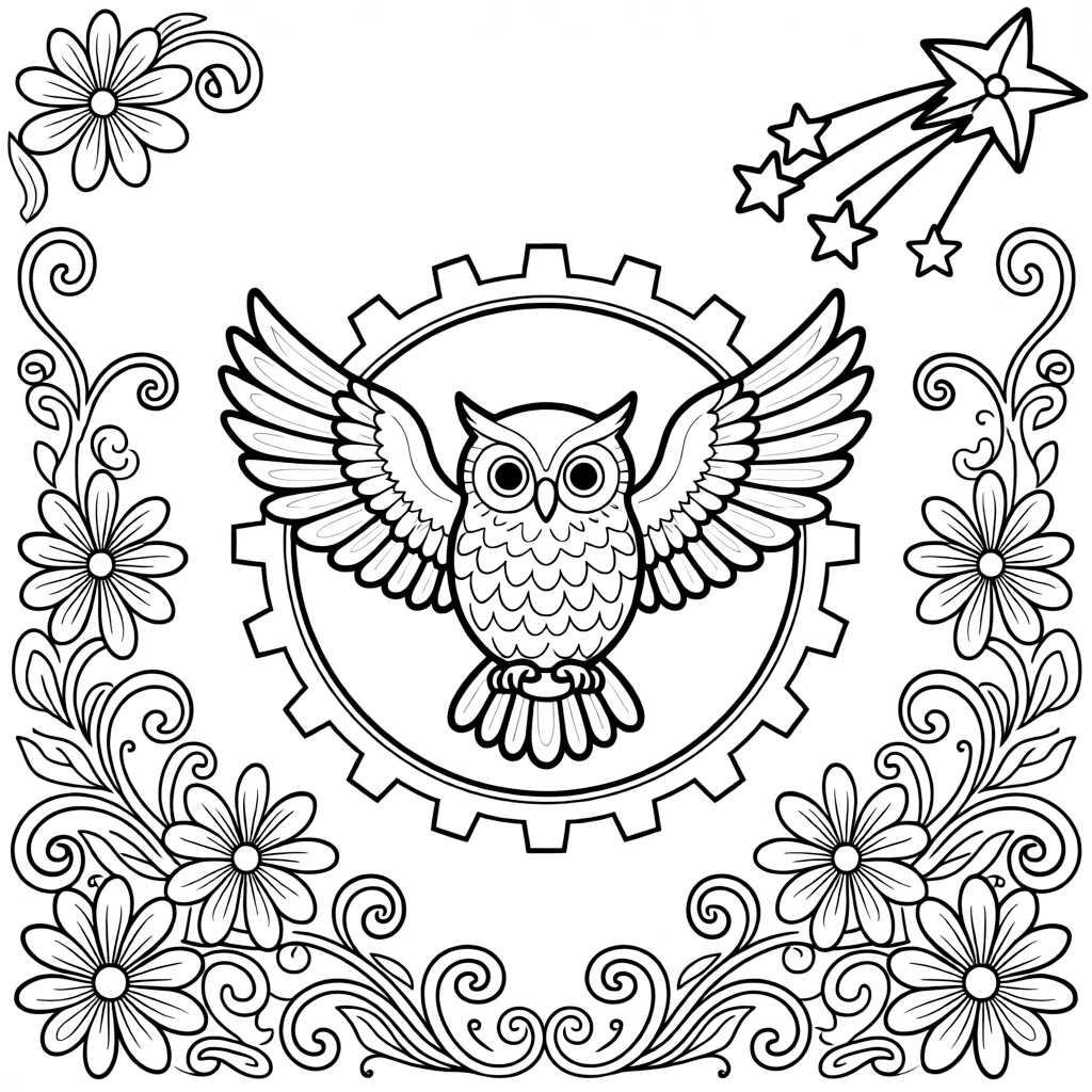 Arctic & Polar Animals: The page presents a small themed scene built around a snowy owl with wide feathered wings, tied together by a gear-wheel mandala with even notches around the rim. The scene is placed in the center of a small symmetrical scene, with matching background details balanced evenly on both sides. Decorative details fill the surrounding space, including layered flower rosettes, swirling vine tendrils, and rows of curling wave shapes woven throughout the background. A playful extra touch completes the page: a small cluster of shooting stars tucked into one corner.