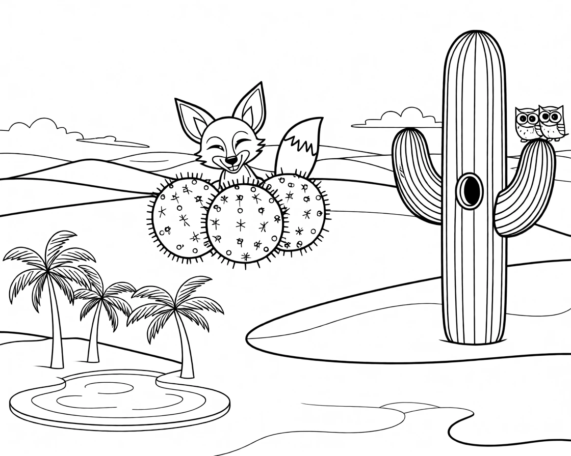 [Desert Dunes] A curious desert fox pokes its oversized ears out from behind a cluster of round cacti. A pair of desert owls peek out from a hole in a tall saguaro cactus. A hidden oasis with a small pool and palm trees breaks up the golden, sandy landscape. A gentle wind shapes soft ripples across the dunes beneath a clear blue sky.