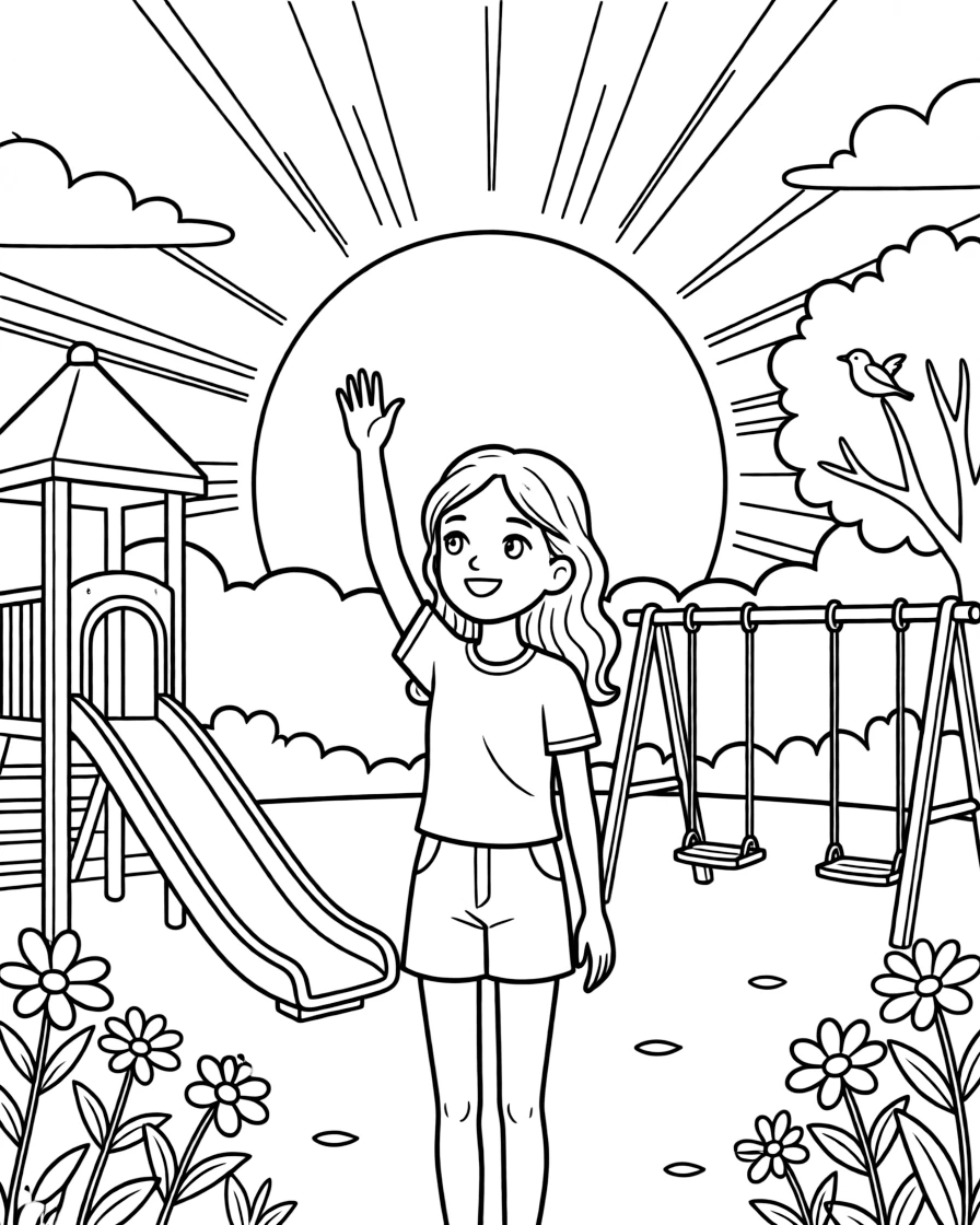 A tall girl raising a hand to answer a question at the school playground as the sun sets in orange and pink.