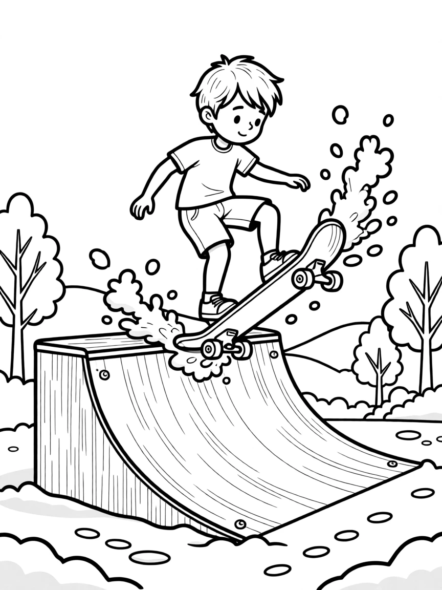 A shy new student, landing a trick in a half-pipe as snow sprays up from the board's edge.