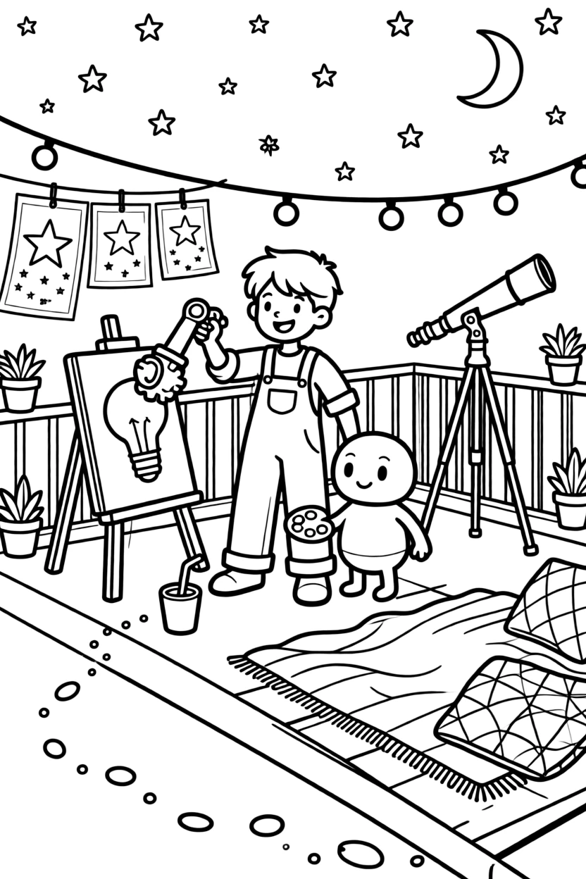 In a starlit rooftop deck used for stargazing parties, inventor kid Lumen testing a robotic grabber arm helping a robot learn to paint with light instead of paint, while a trail of glowing footprints leading into the distance adds to the excitement.
