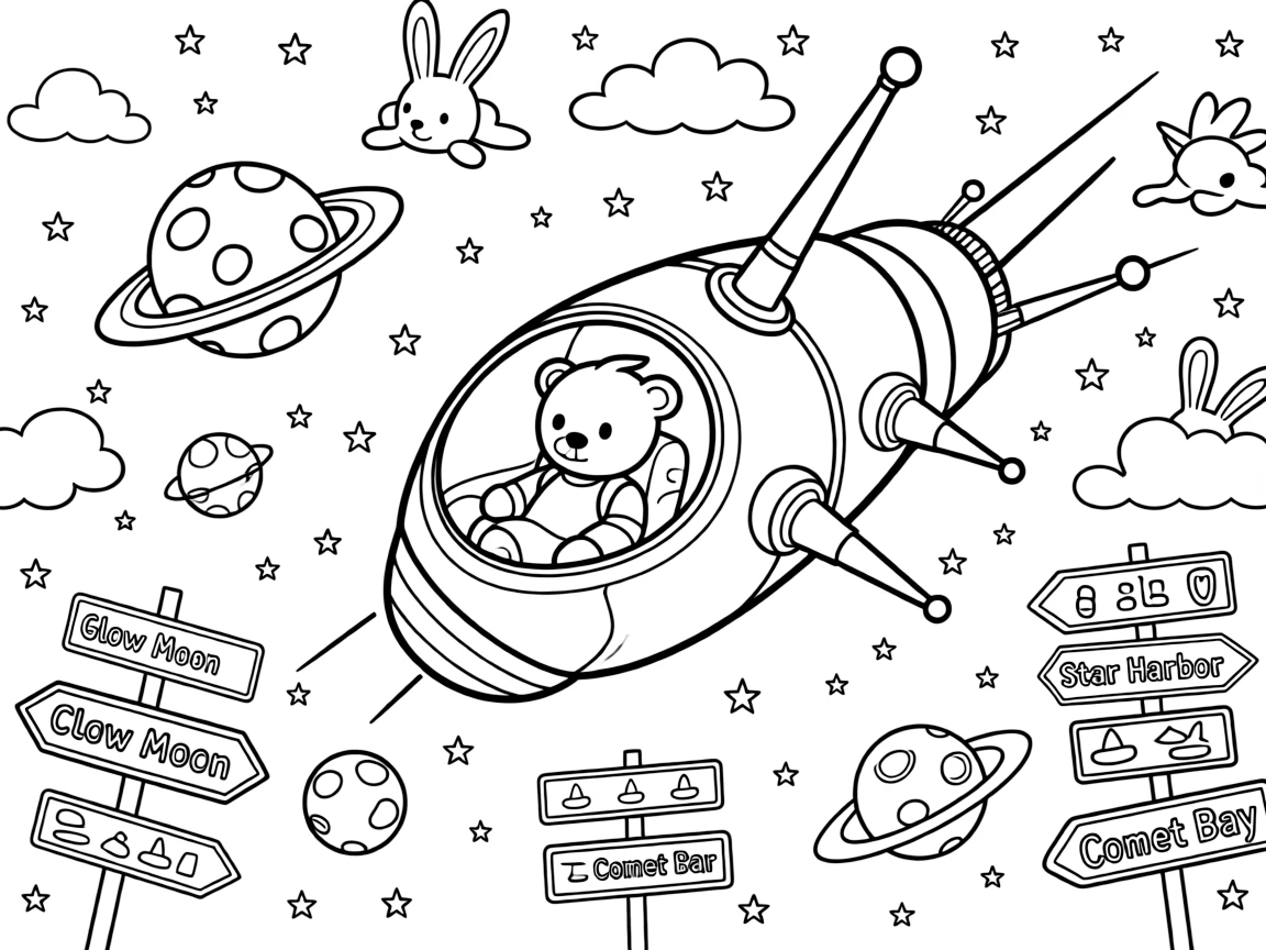A coloring page featuring a comet-chasing probe with long silver antennas, traveling through outer space, dotted with twinkling stars and colorful planets, with a teddy bear buckled safely into the passenger seat and fluffy clouds shaped like animals drifting overhead and road signs pointing toward fun destinations filling the scene.