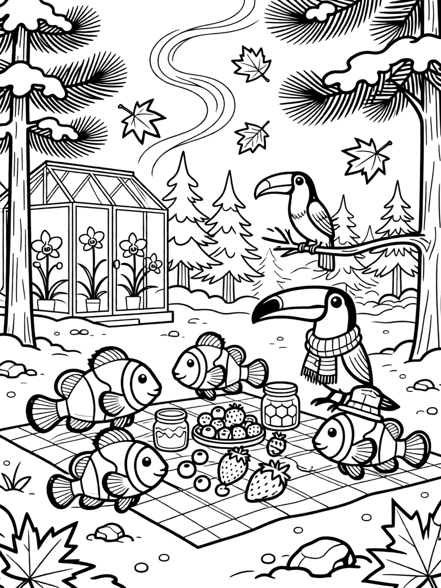 A school of clownfish sharing a picnic of berries and honey with a toucan in a snowy pine forest, near a orchid greenhouse, as autumn leaves swirl in the wind.