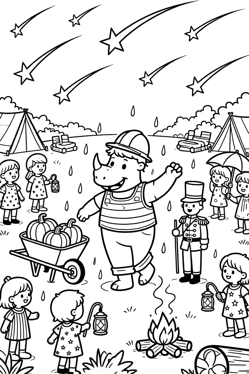 At a campsite under a sky full of shooting stars, a plucky rhino construction worker is busy dancing happily in a warm summer rain, cheered on by a wheelbarrow full of freshly picked pumpkins and a wind-up toy soldier standing at attention. The whole neighborhood has come out to join the fun.