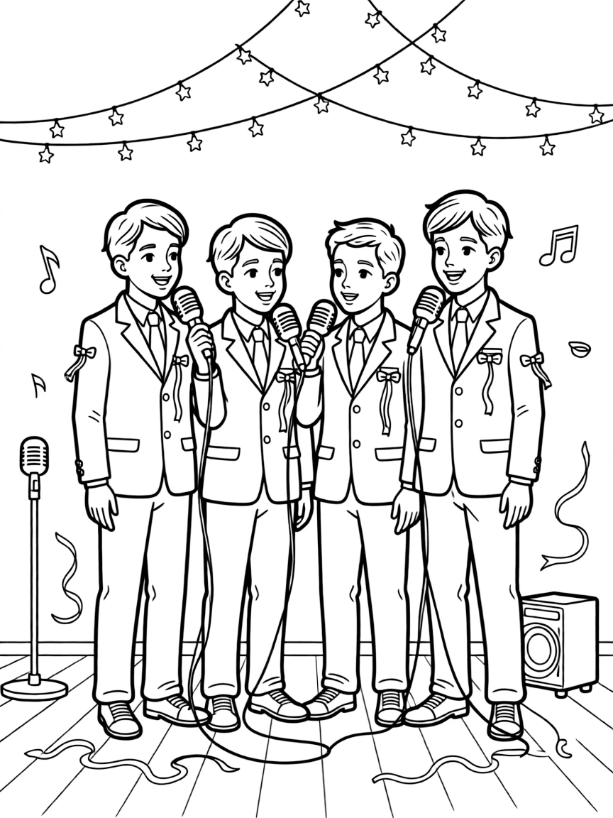 A coloring page of a lively performance in South Africa featuring singers performing an isicathamiya harmony group in matching suits, decorated with ribbons, streamers, and twinkling string lights overhead.