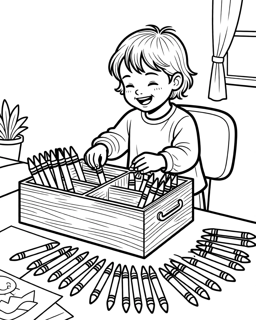a giggling small child organizes crayons by color into a large wooden supply caddy.
