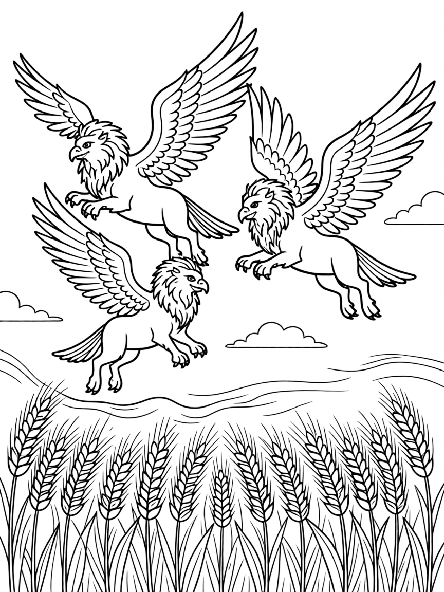 A family of griffins soars together over a golden wheat field, their shadows rippling across the swaying grain below.