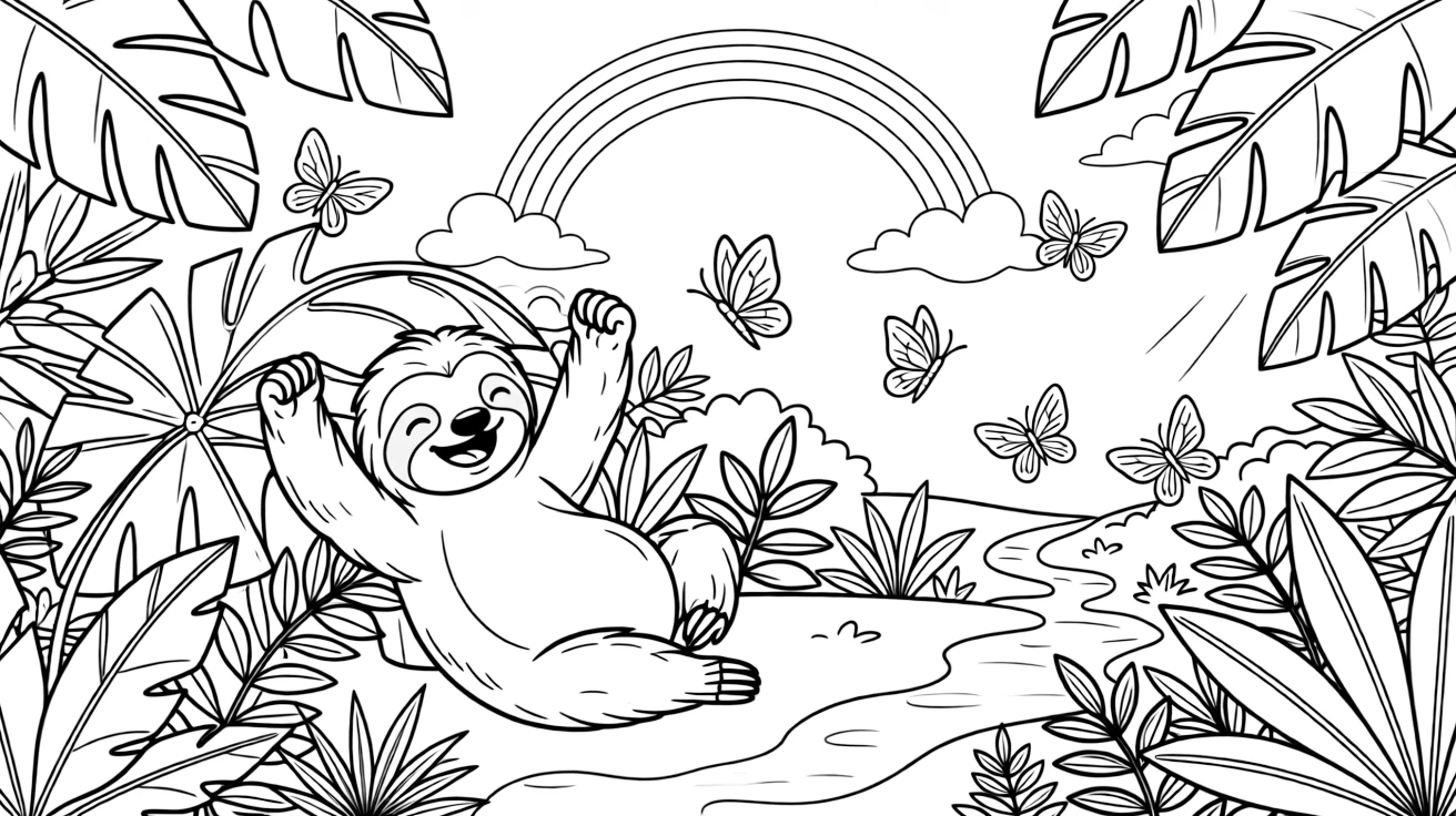 [Jungles] a sleepy jungle sloth resting in the shade of broad leaves along a hidden jungle path, cheering with both fists raised, while butterflies flutter through dappled sunlight fills the surrounding area. Broad leaves add lush texture throughout. Set at sunset, with a rainbow arching overhead, the page bursts with adventure and imagination.