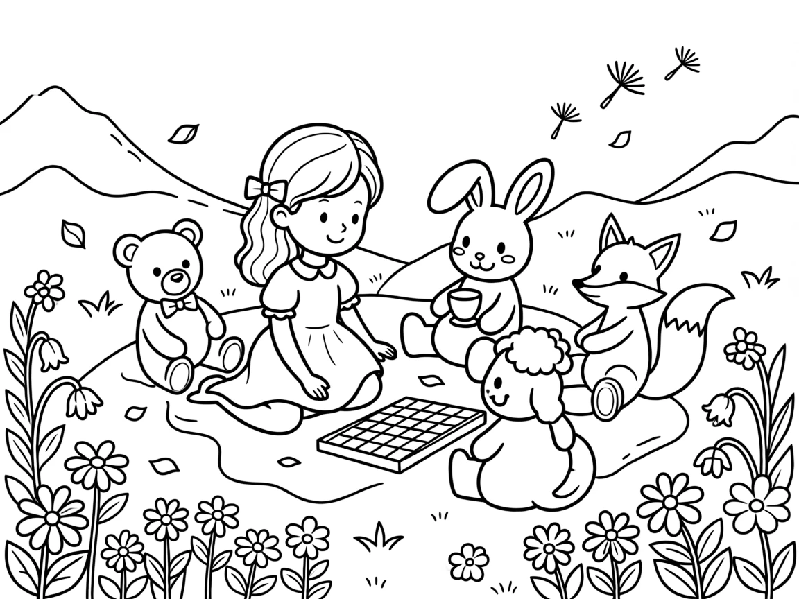A girl chess player pondering her next move is having a tea party with a circle of stuffed animal friends on a mountain trail dotted with wildflowers. All around, scattered flower petals drifting in the breeze and floating dandelion seeds catching the light make the scene feel magical.