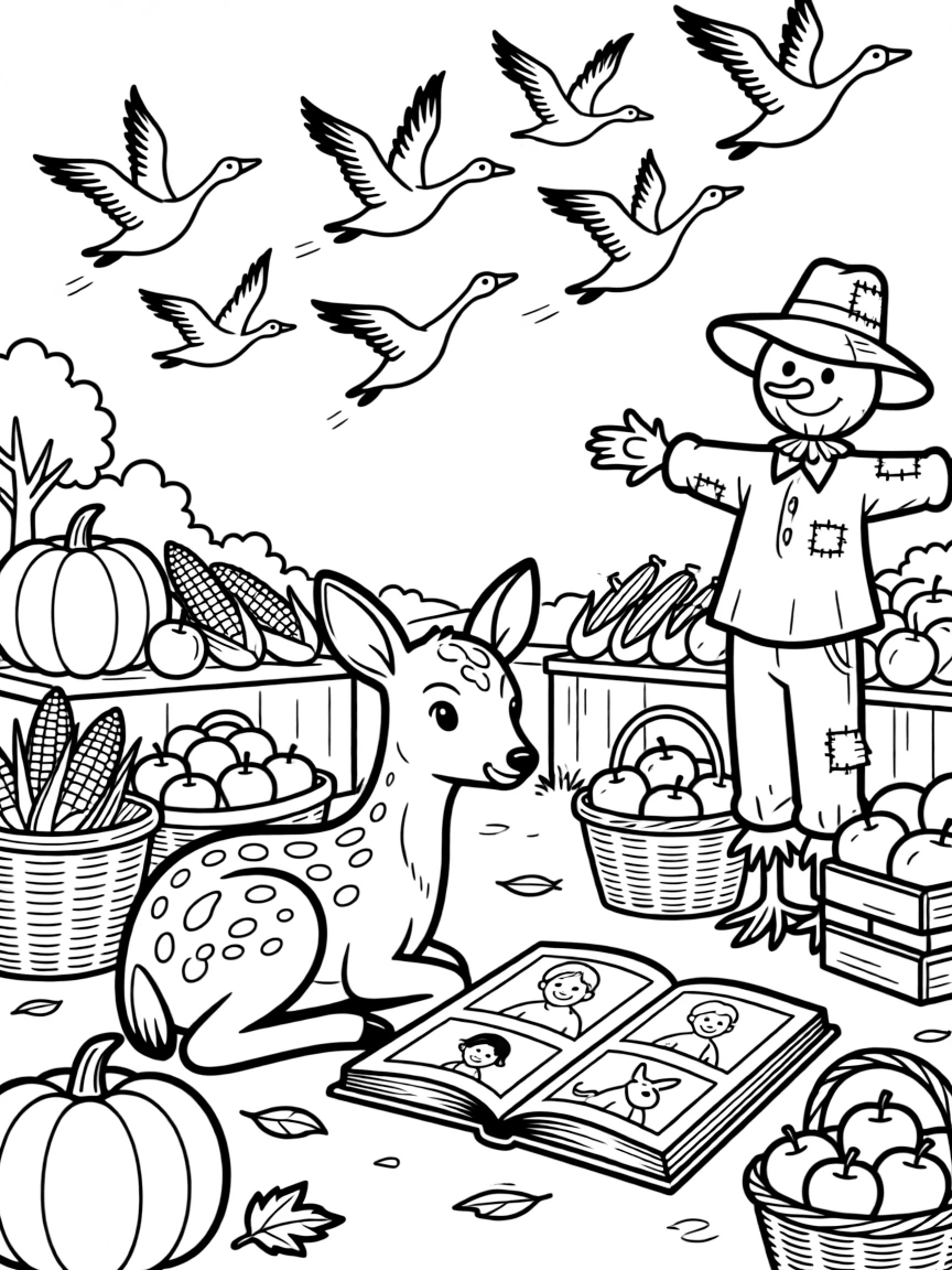 A spotted fawn admiring a scrapbook full of family photos at a farmers market piled high with autumn vegetables, near a scarecrow with a patched hat and a flock of geese flying south.