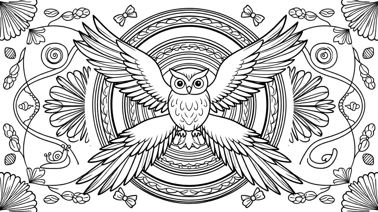 Arctic & Polar Animals: The design turns a snowy owl with wide feathered wings into a kaleidoscope-style composition anchored by a set of perfectly matched concentric rings. The imagery is split into four mirrored quadrants that meet at the center, each quadrant a rotated echo of the next. Decorative details fill the surrounding space, including loops shaped like small bows, tightly coiled spiral shells, and fan-shaped feather clusters woven throughout the background. A playful extra touch completes the page: a little snail resting quietly on one of the larger shapes.