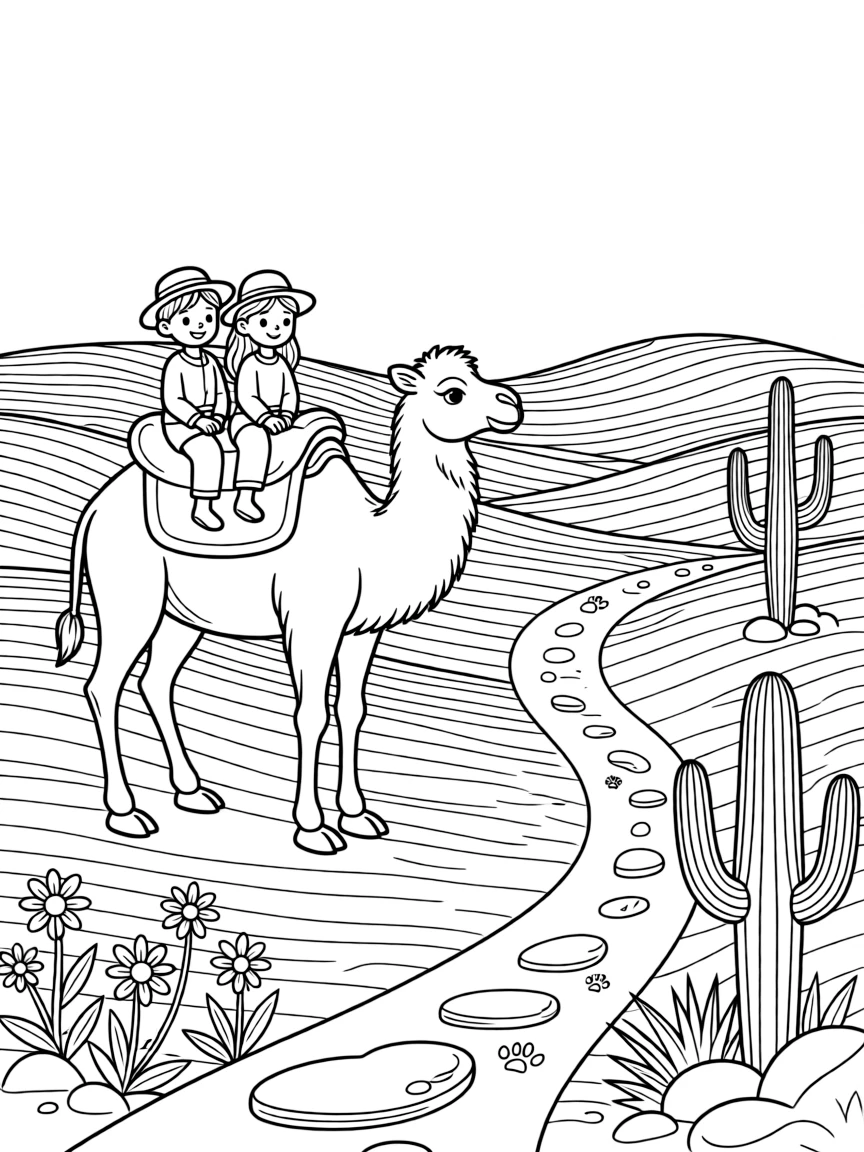 [Desert Dunes] A friendly camel carries two children across a sea of rolling sand dunes at sunset. Colorful desert flowers bloom between rocks near a trail of small paw prints. Tall saguaro cacti stand like sentries near a winding path of smooth, sun-baked stones. A gentle wind shapes soft ripples across the dunes beneath a clear blue sky.