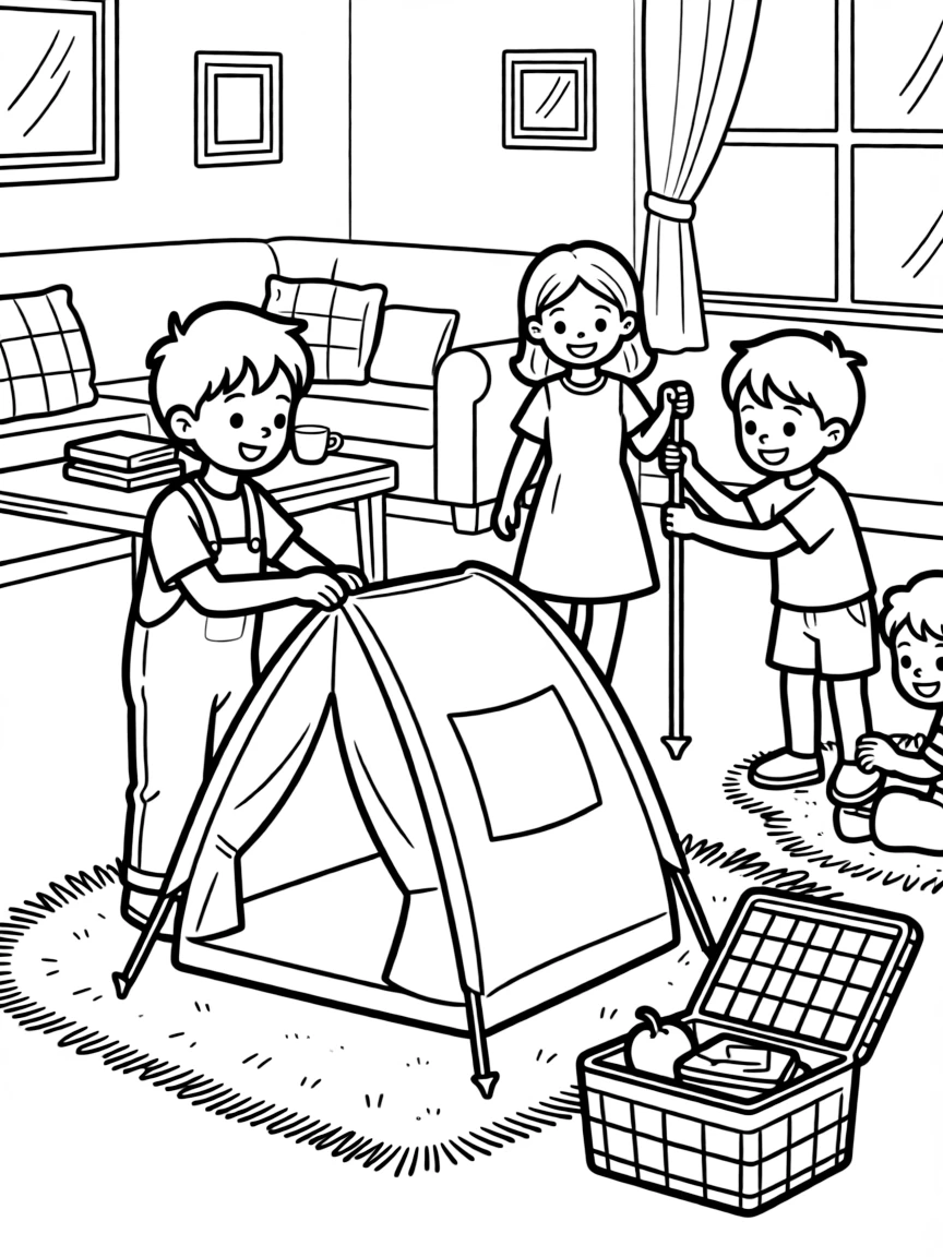 A boy in overalls setting up a tent with three friends in a cozy living room with a picnic basket nearby.
