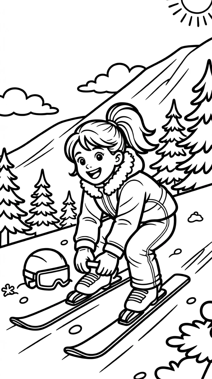 An energetic girl with a big smile, strapping into bindings at the top of a fresh powder run.