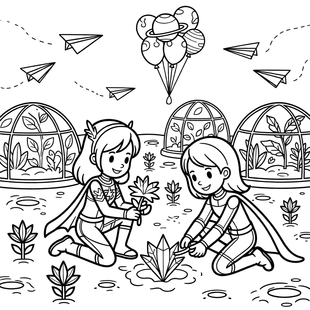 Twin superhero siblings Ruby (ice-powered) and Nova (super-fast) planting a garden of glowing crystal flowers on a barren moon in a moon colony with glass domes and low-gravity gardens, as a fleet of paper airplanes gliding past and a cluster of balloons shaped like planets fill the scene.
