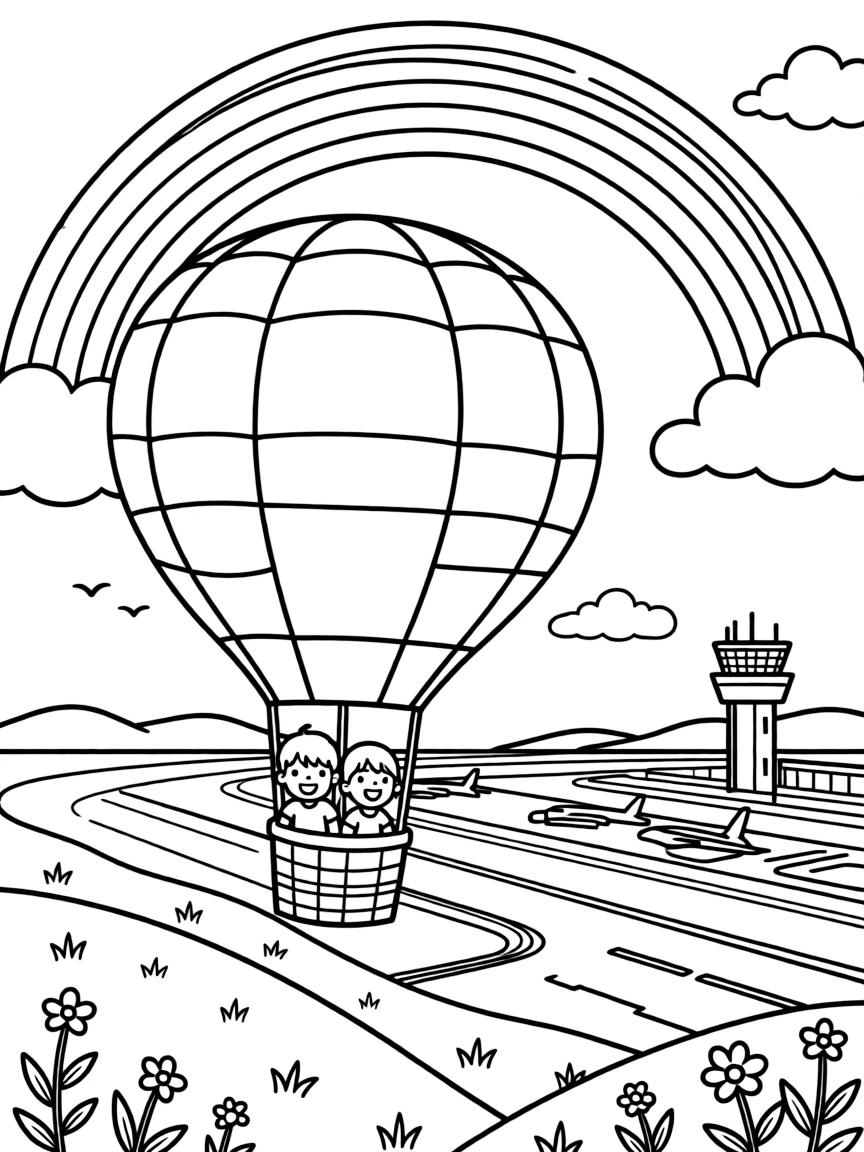 A big, friendly a striped hot air balloon rising above rolling hills rolls through a busy airport runway with a control tower in the distance, with twin siblings pressing their faces to the window enjoying the ride and a rainbow arching across the sky adding a playful touch.