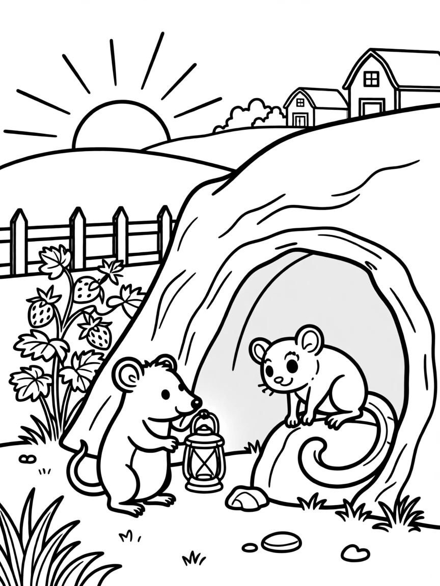 A mole exploring a cave with a lantern beside a sugar glider on a farm at sunrise, near a patch of wild strawberries, as the sun sets in soft colors.