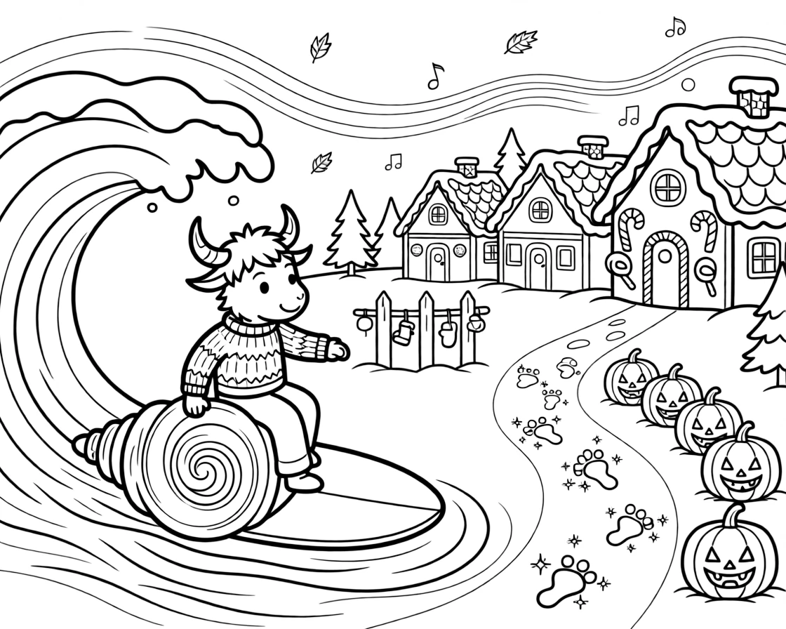 A dreamy yak mountain guide is riding a wave on a surfboard shaped like a shell in a snow-covered village lined with gingerbread houses, joined by a trail of glowing footprints and a row of jack-o'-lanterns grinning in the dark. A gentle breeze carries the sound of joyful laughter.