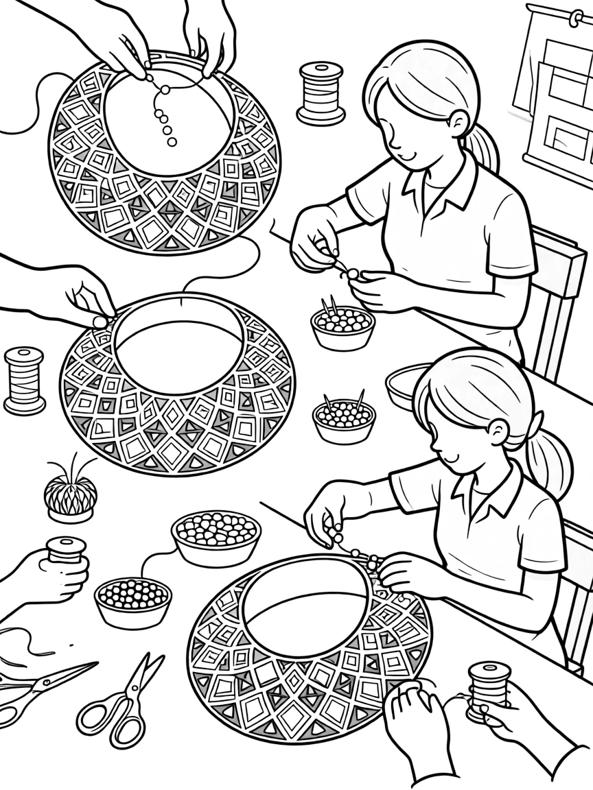 A coloring page of a craftsperson beading a colorful geometric pattern onto a collar in South Africa, shown step by step with helpful hands and a workshop table full of materials.