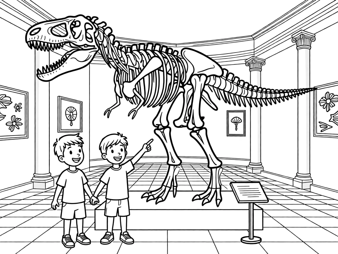 giggling twin brothers stand beneath a towering dinosaur skeleton in a grand museum hall.