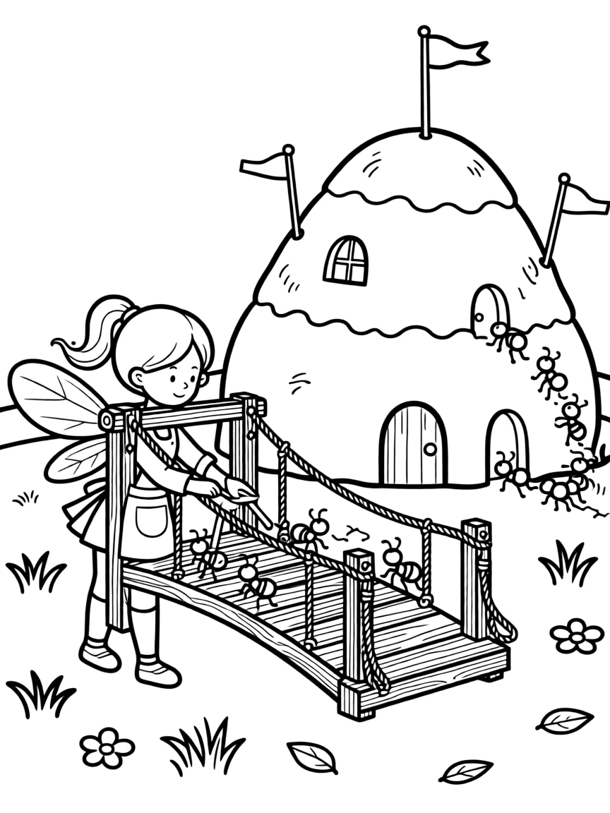 A fairy carpenter builds a tiny drawbridge for an anthill castle, ants marching busily across it in neat lines.
