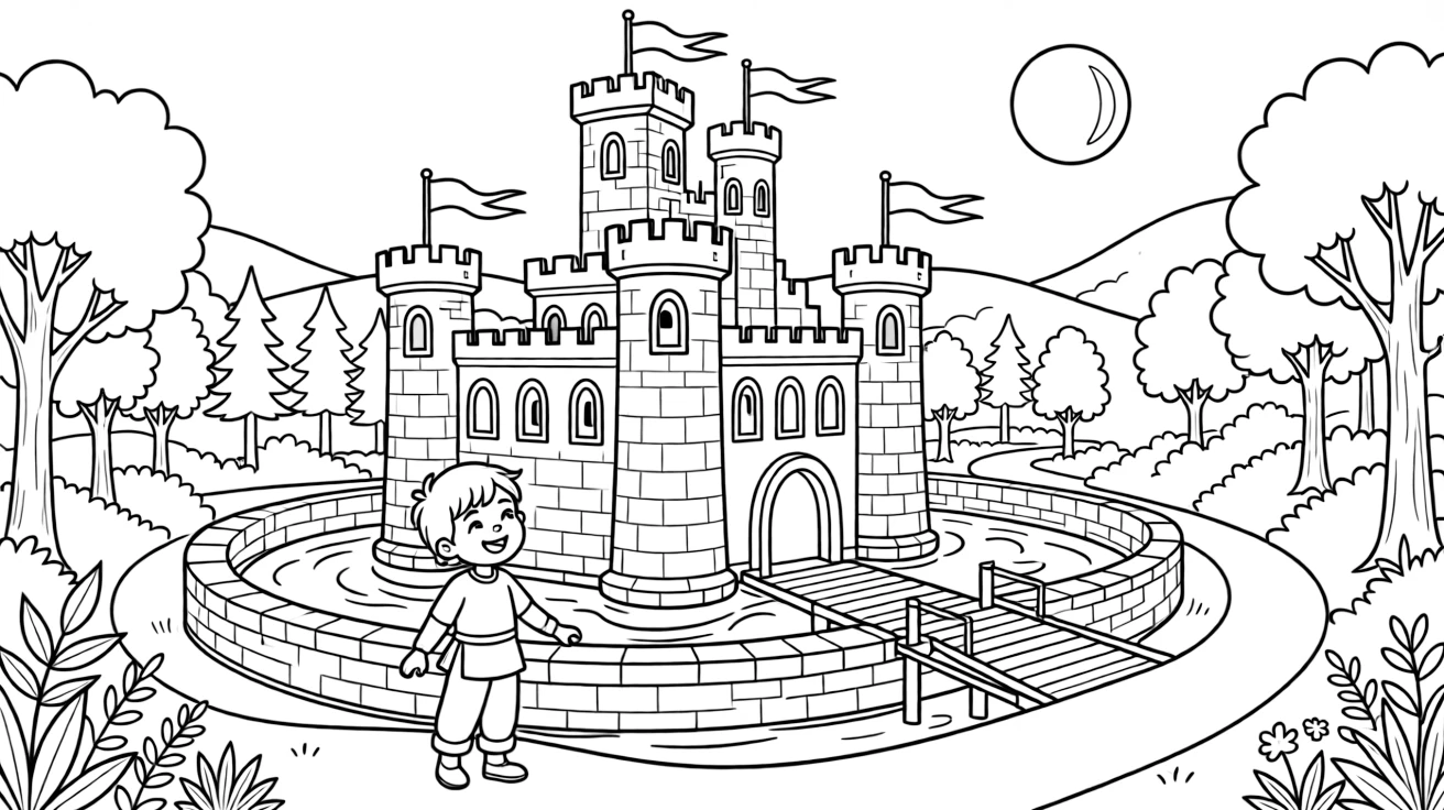 [Castles] a castle surrounded by a moat rising above a misty forest within a walled medieval town, grinning with excitement, while flags wave from every tower fills the surrounding area. Arched windows line the stone walls. Set under a full moon, with dust kicked up by the wind, the page bursts with adventure and imagination.