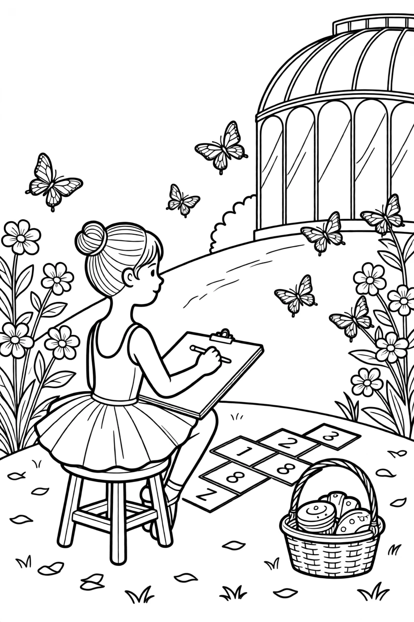 A young ballerina in a satin leotard is sketching the view from a hilltop in a butterfly conservatory full of fluttering wings. In the background, a hopscotch grid chalked onto the pavement and a stack of freshly baked pastries add to the delightful moment.