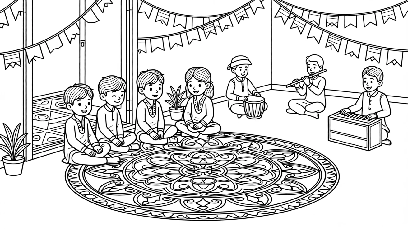 A group of three friends sitting beside a colorful rangoli pattern taking shape on a doorstep inside a home decorated from floor to ceiling for the occasion, with strings of fluttering prayer flags and musicians playing lively instruments scattered about.