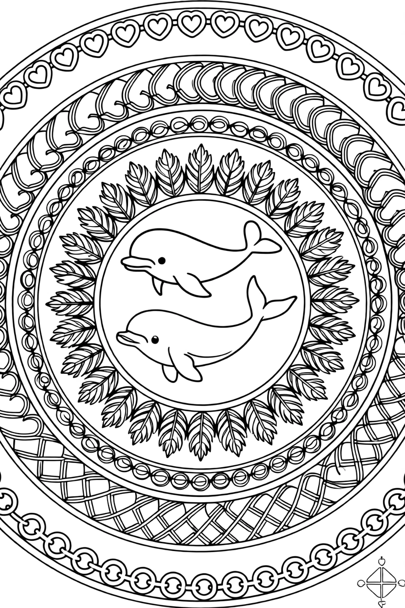 Arctic & Polar Animals: The main subject is a narwhal pod swimming beneath ice, drawn as the focal point of a feather-ring mandala with plumes fanning outward. It is placed at the very center of the page, with the surrounding rings growing larger and more detailed toward the outer edge. Decorative details fill the surrounding space, including a chain of linked heart shapes, overlapping fish-scale textures, and interlocking circle chains woven throughout the background. A playful extra touch completes the page: a tiny compass shape resting in one corner of the design.