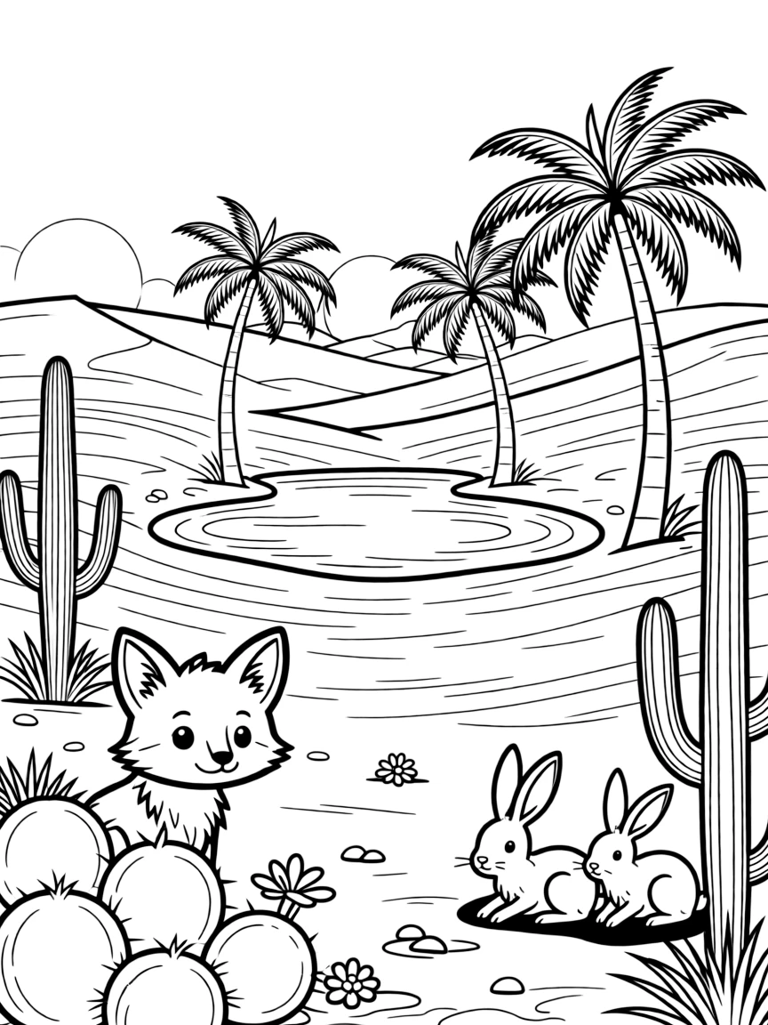 [Desert Dunes] A curious desert fox pokes its oversized ears out from behind a cluster of round cacti. A family of jackrabbits rests in the shade of a cluster of tall cacti. A hidden oasis with a small pool and palm trees breaks up the golden, sandy landscape. Warm golden light stretches long shadows across the rippling sand at sunrise.