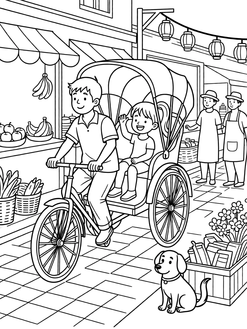 A rickshaw driver pedals a cheerful passenger through a bustling market street.