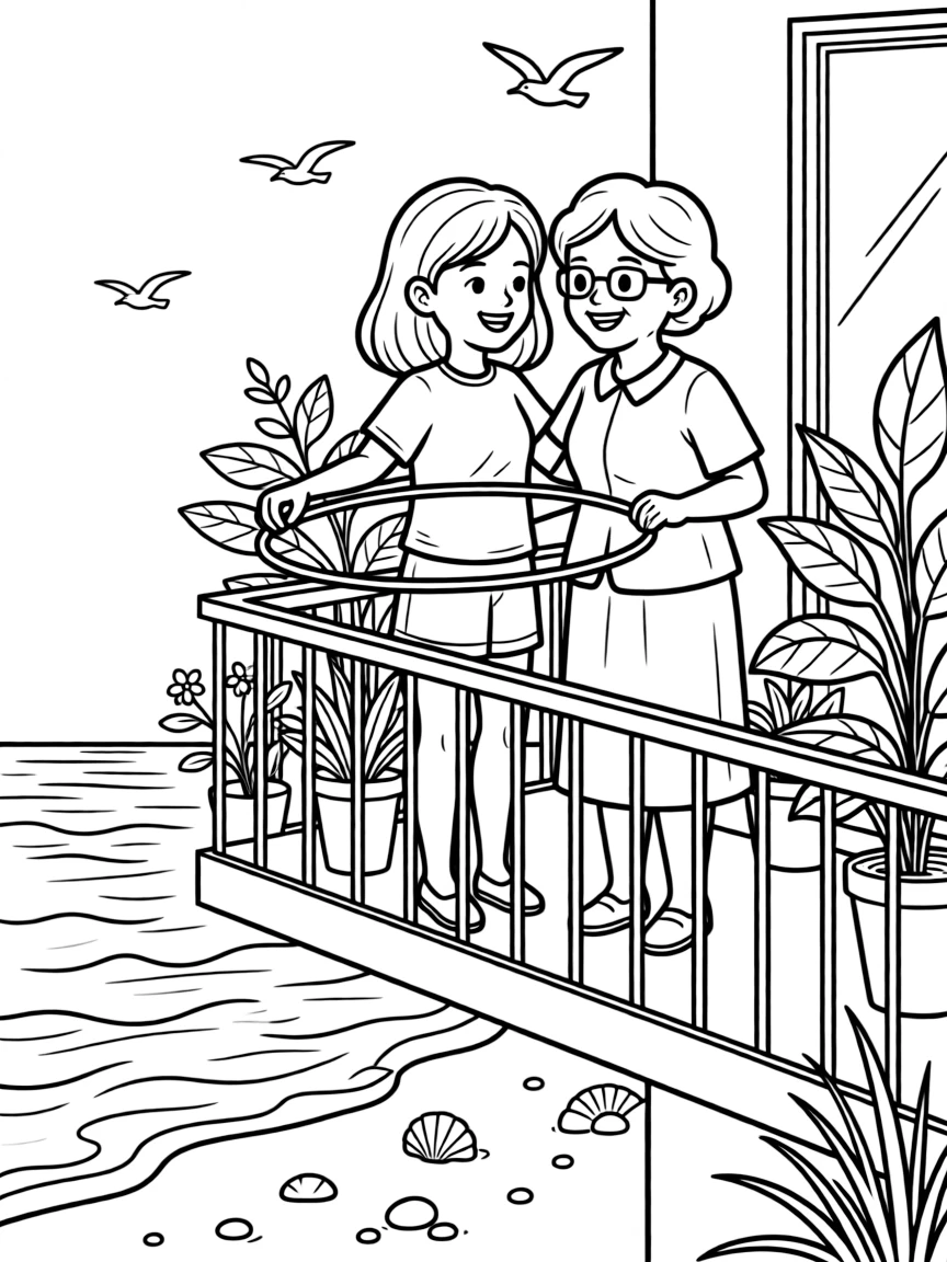 An older sister spinning a hula hoop together with an elderly neighbor on an apartment balcony as waves gently lap the shore.