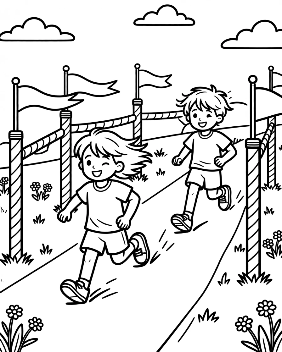 A pair of twin siblings, racing a friend through a slalom course marked with bright gates.